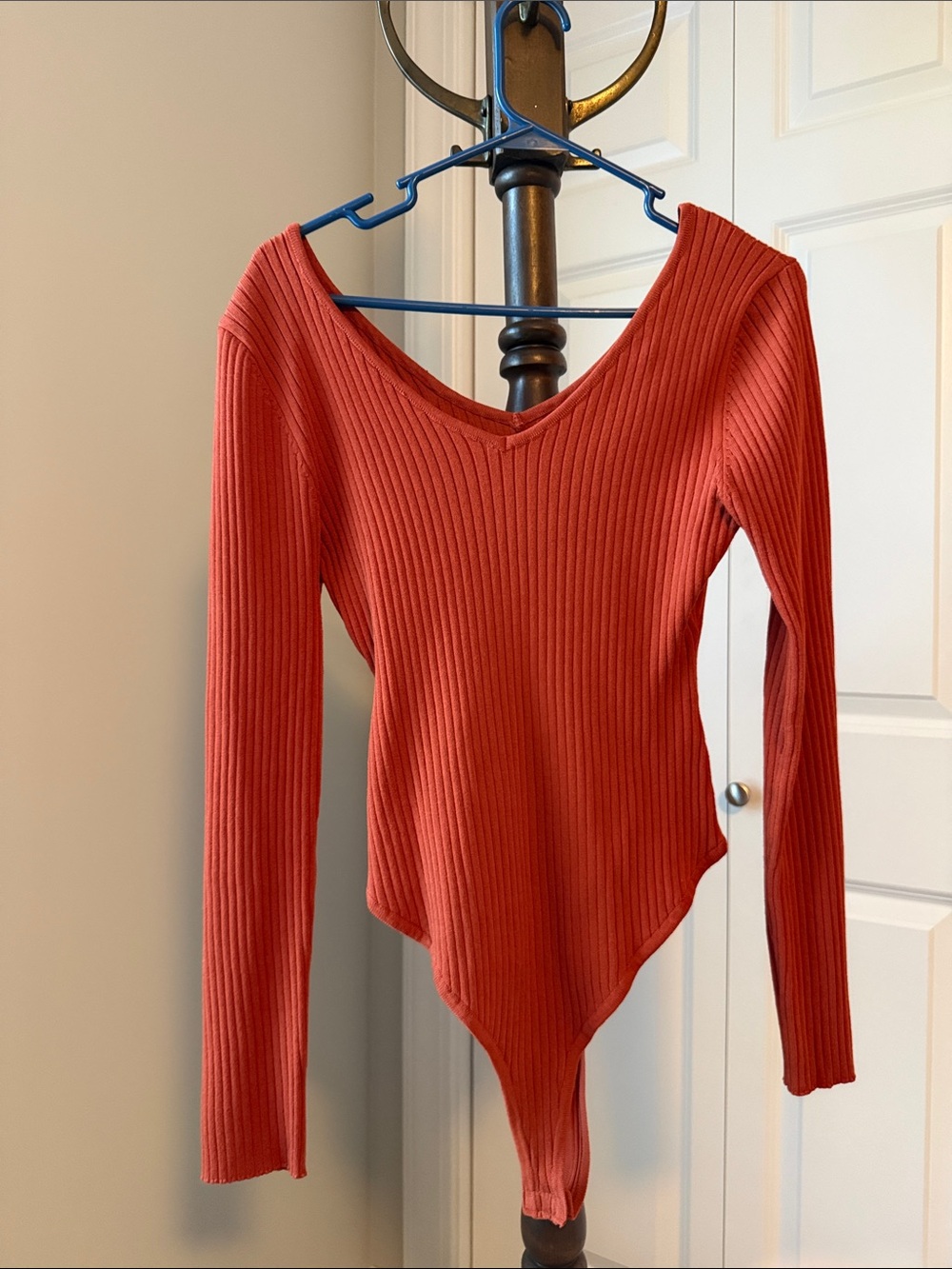 Love Tree Ribbed V-Neck Long Sleeve Bodysuit - Rust